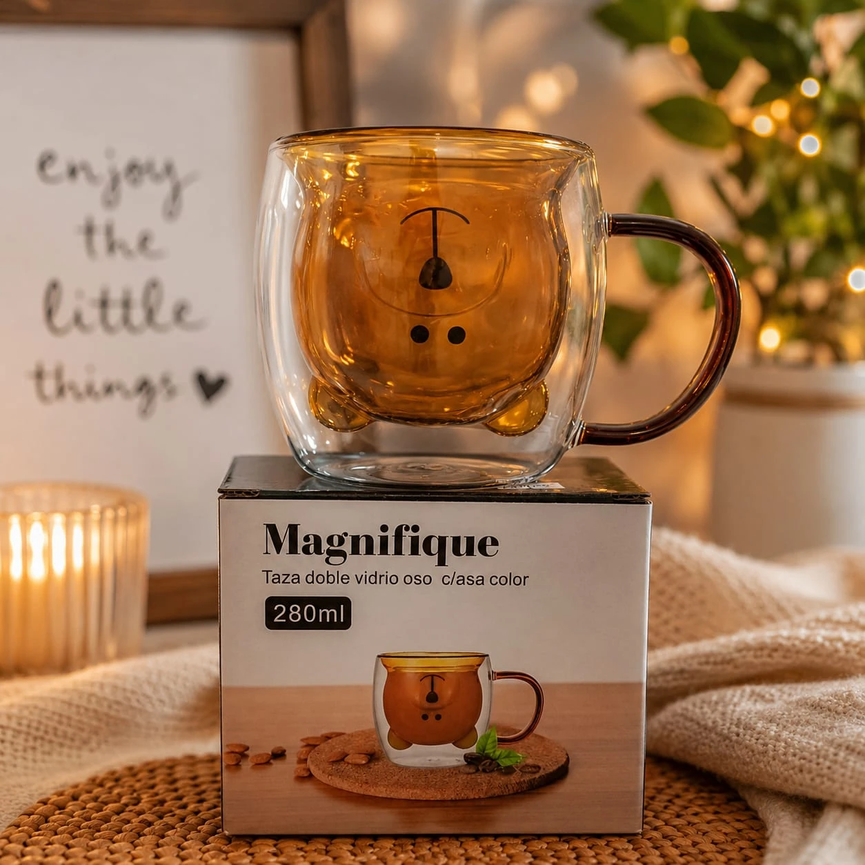 Taza doble vidrio oso con asa